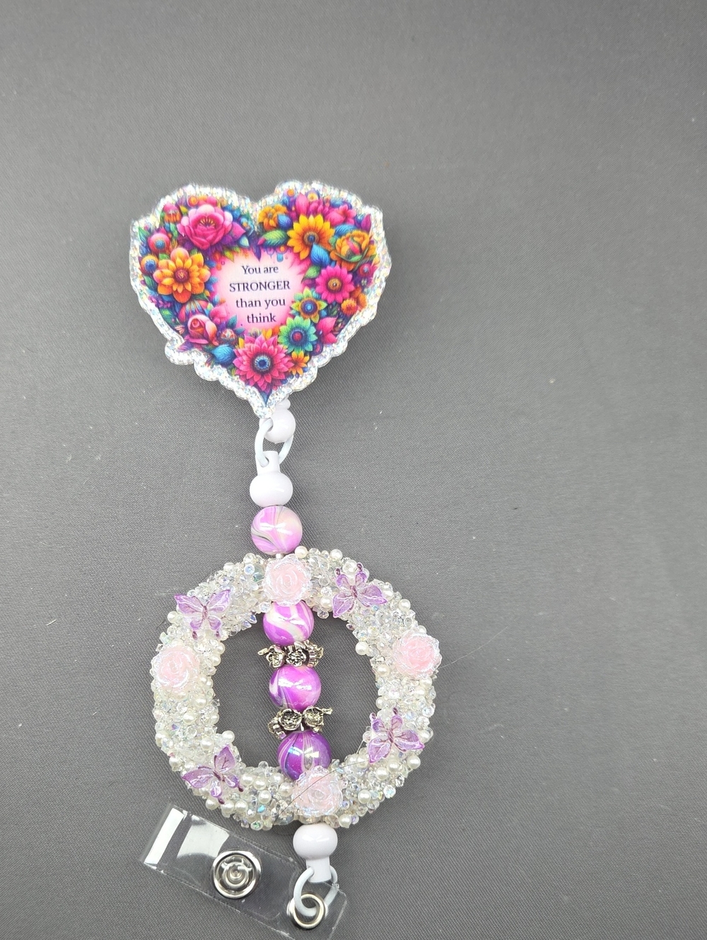 Hand Crafted Floral Heart Badge Reel with Pink and Purple Beads